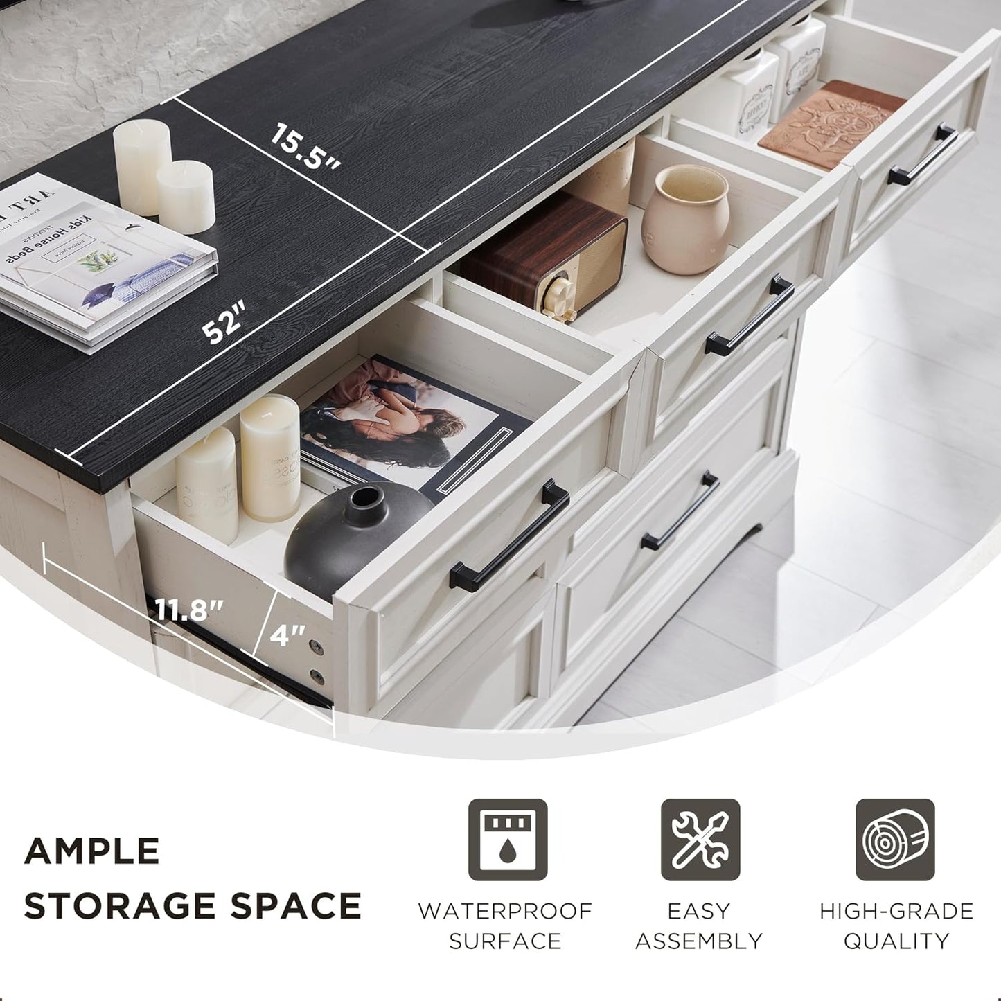 Farmhouse 9 Drawer Dresser for Bedroom, 36 Inch Tall Modern Dresser TV Stand with Large Drawers & Bar Handles, Rustic Wood Chest of Drawers for Bedroom, Living Room, Hallway, Off White