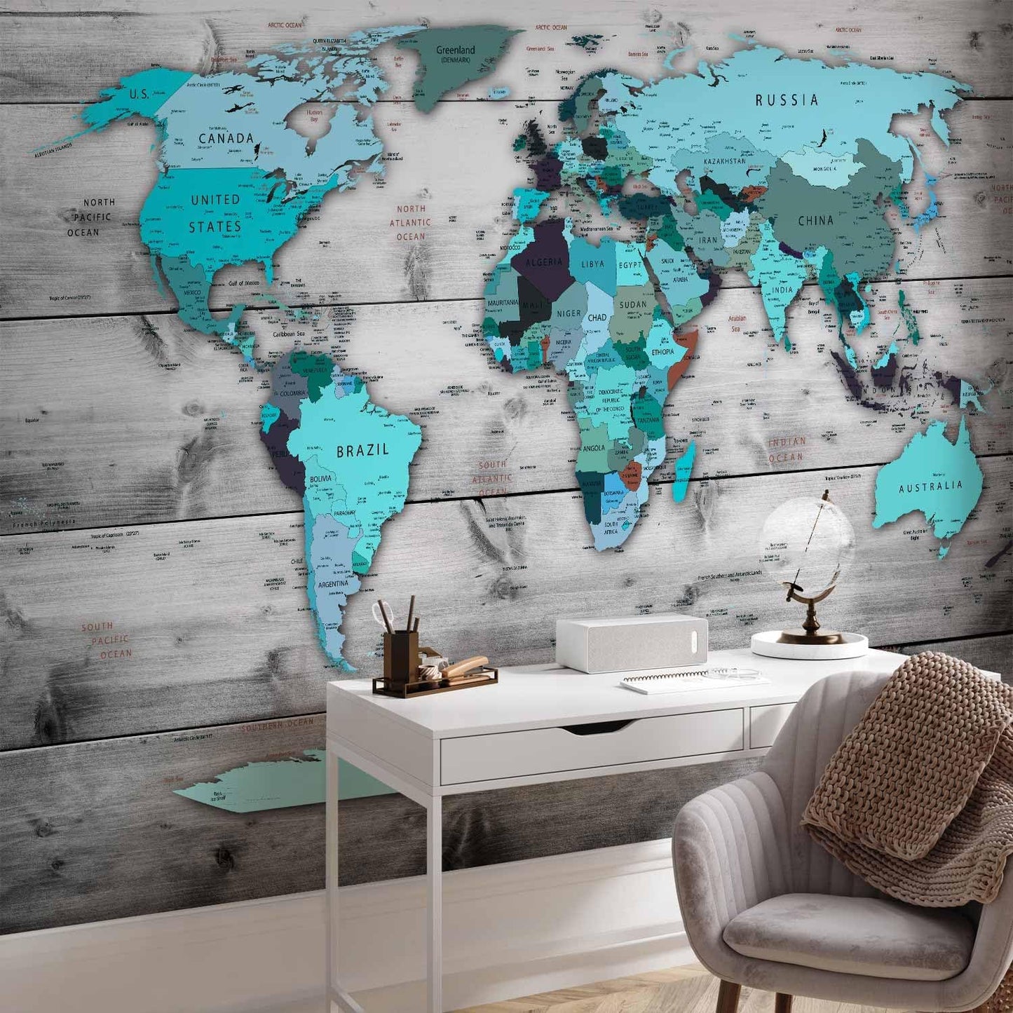 artgeist Premium Wall Mural World Map 118x83 in - XXL Non-Woven Wallpaper Fleece Wall Decor Photo Print Picture Image Design Home Map of The World k-B-0009-a-d