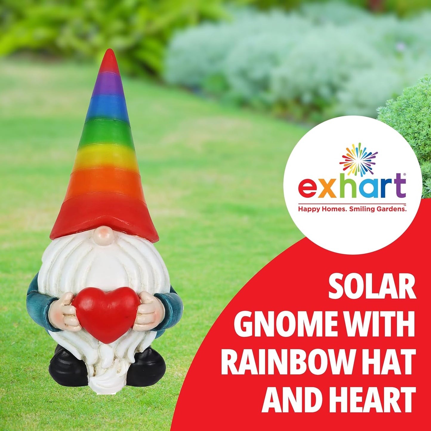 Exhart Garden Gnome, Solar Garden Gnome Statue with Heart, LED Rainbow Hat, Cute Outdoor Garden Decoration, 6 x 12.5 Inch, Multicolor, Resin