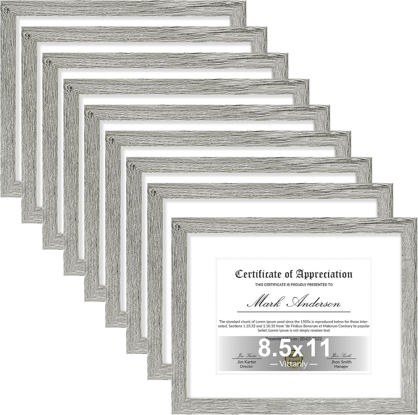 Vittanly 8.5x11 Picture Frames Set of 9, Shatter Resistant Plexiglass, Display 6x8 Pictures with Mat or 8.5x11 without Mat, Photo Frames for Wall or Tabletop, Engineered Wood, Grey