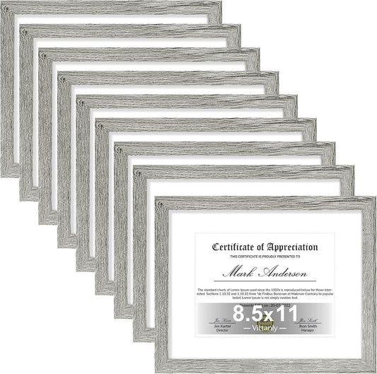 Vittanly 8.5x11 Picture Frames Set of 9, Shatter Resistant Plexiglass, Display 6x8 Pictures with Mat or 8.5x11 without Mat, Photo Frames for Wall or Tabletop, Engineered Wood, Grey