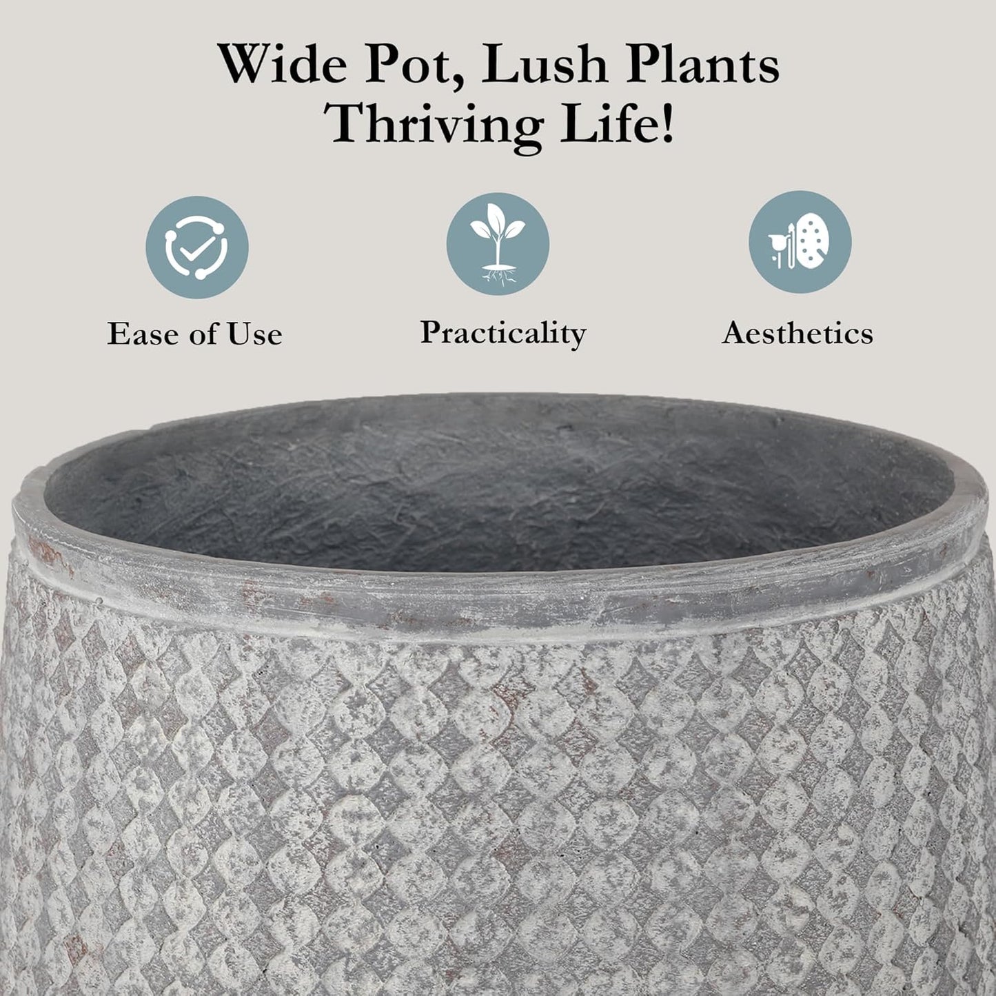 Worth Garden 12" Dia x 15" H Grey Round Planter – Lightweight Magnesium Oxide Cement Plant Pot with Texture – Raised Pattern Concrete Look – Drainage Hole – Indoor & Outdoor Use