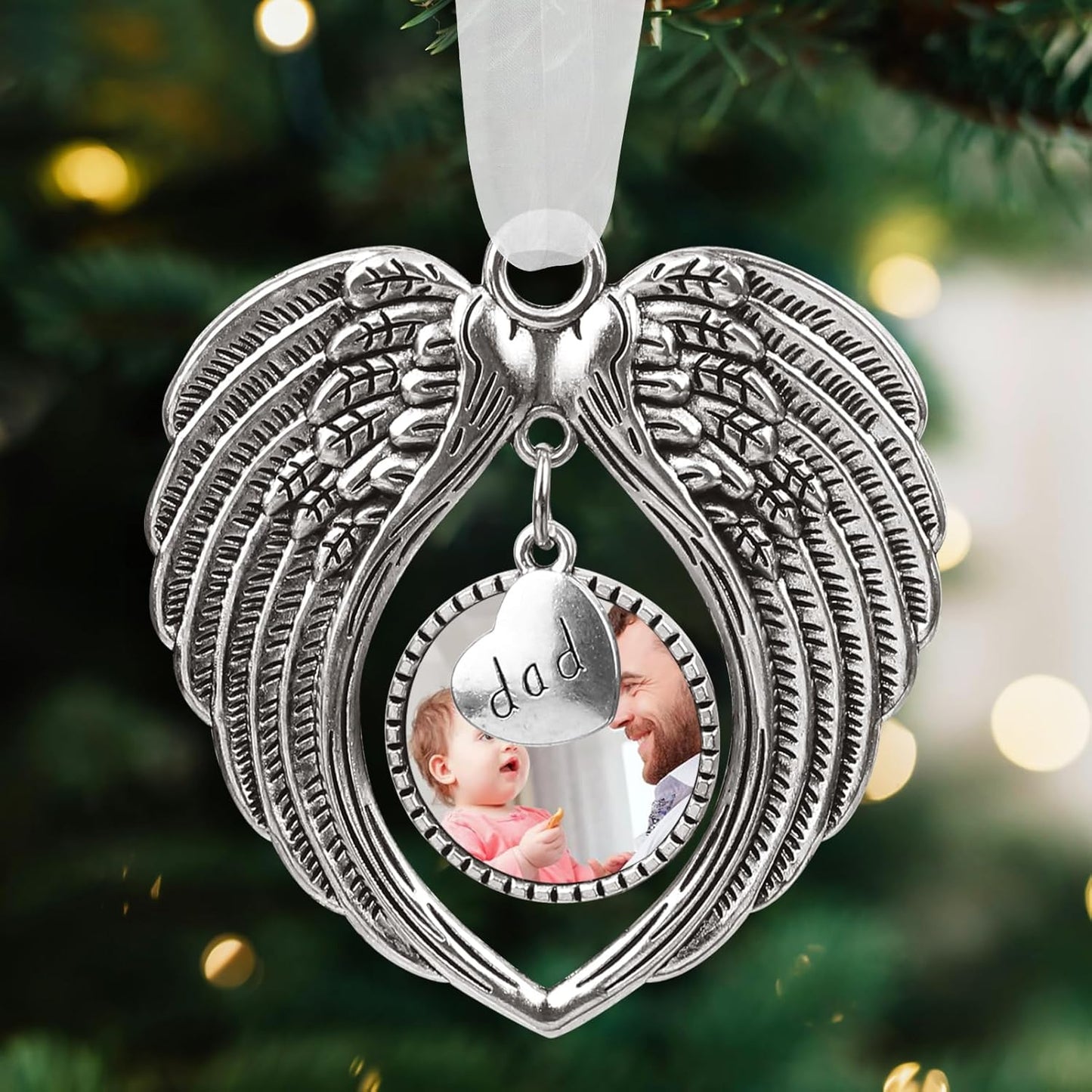 Christmas Ornaments Angel Wings with Custom Photo Frame for Loss of Loved One Remembrance Keepsake with Silk Ribbon & Red Gift Box