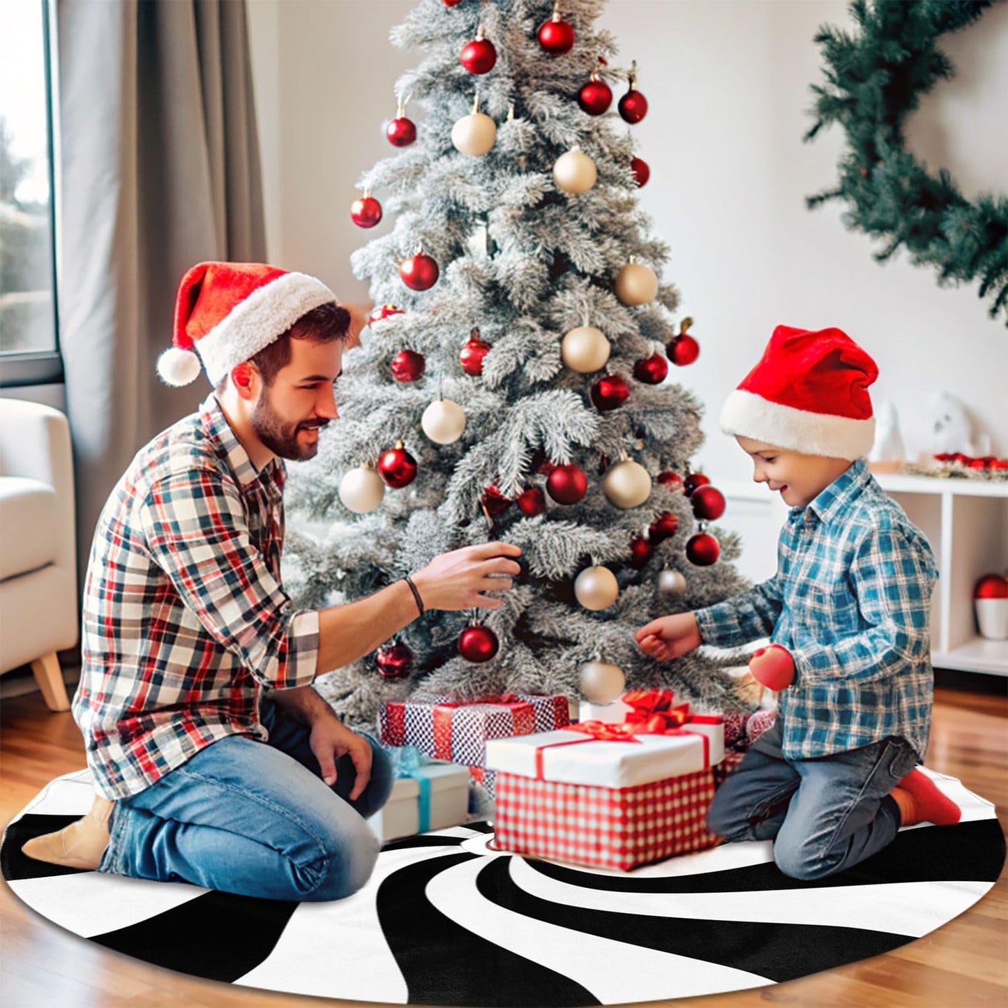 36" Black Sugar Swirl Candy Christmas Tree Skirt, Sweet Peppermint Tree Mat Base Cover for Xmas Festive Holiday Party Decoration Ornaments