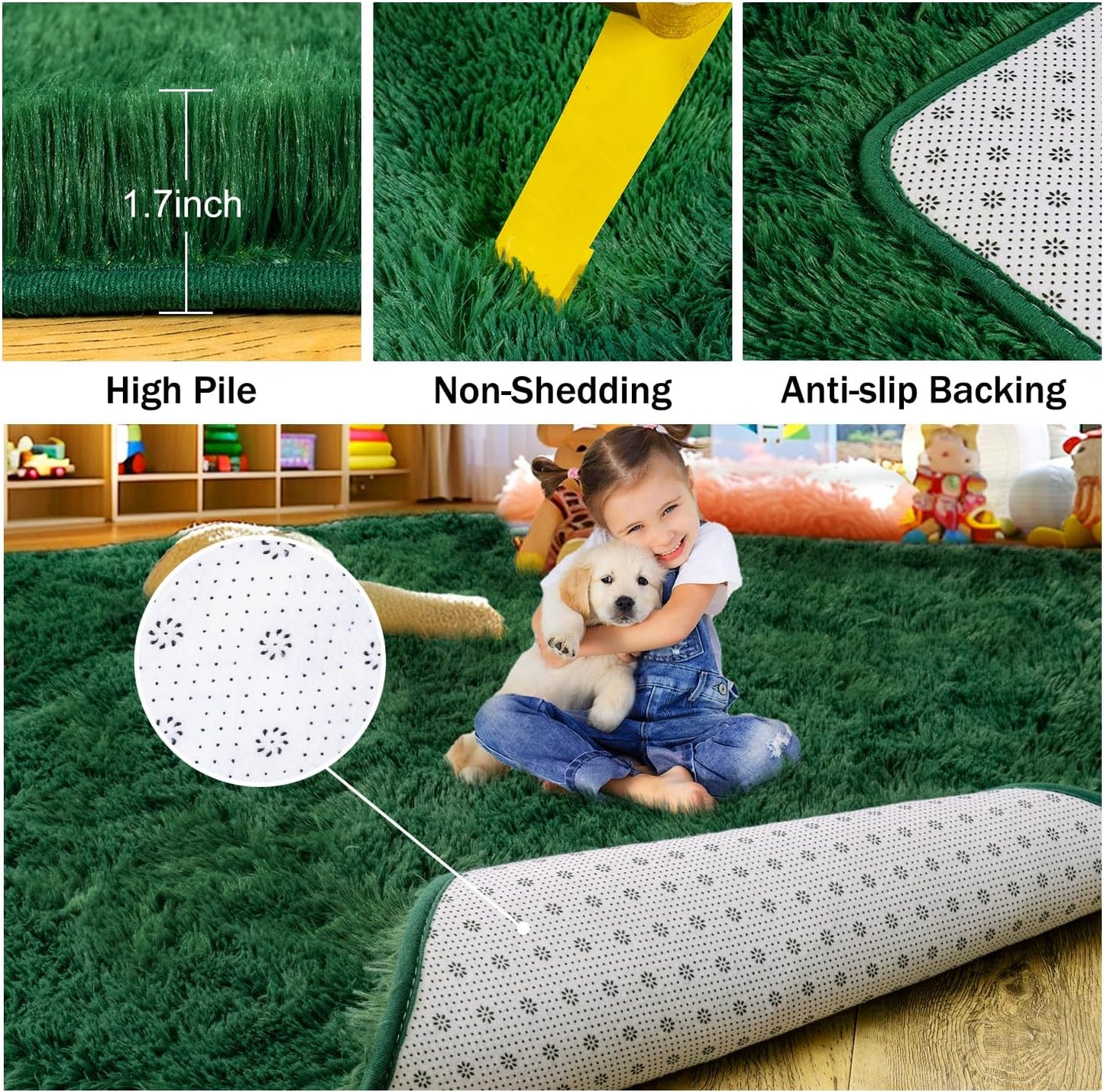 Rezutan 6x9 Feet Shaggy Area Rug - Super Soft Plush Fuzzy Modern Living Room Bedroom Rug for Kids, Non-Slip Nursery Classroom Home Decor, Dark Green.