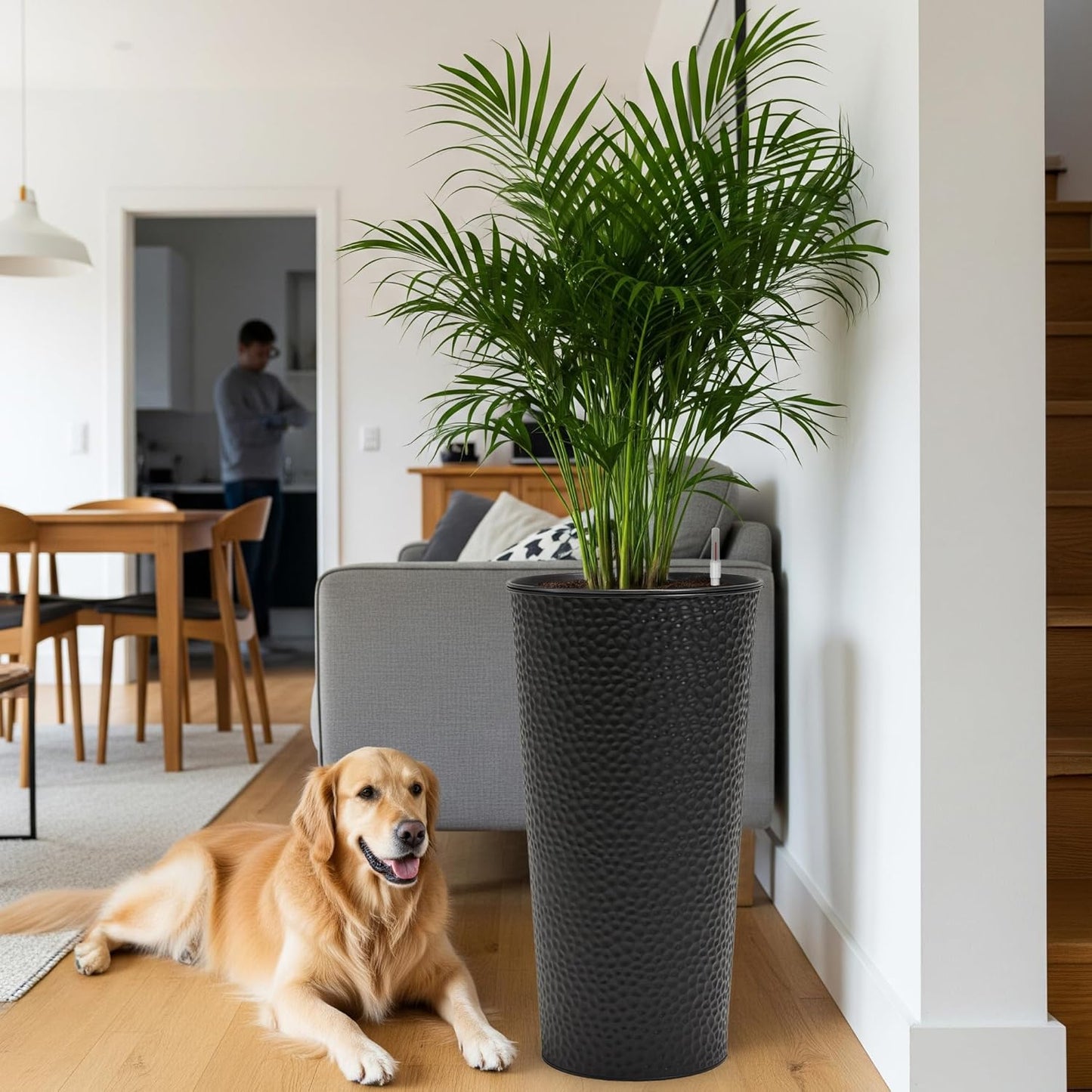 Worth Garden 2-Pack 28" H. Metal Planter with 2X Inside Pots - Hand-Hammered Texture Tall Narrow Tapered Plant Pots - Large Handcrafted Flower Pot for Indoor Outdoor, Deck, Patio, Front Porch (Black)