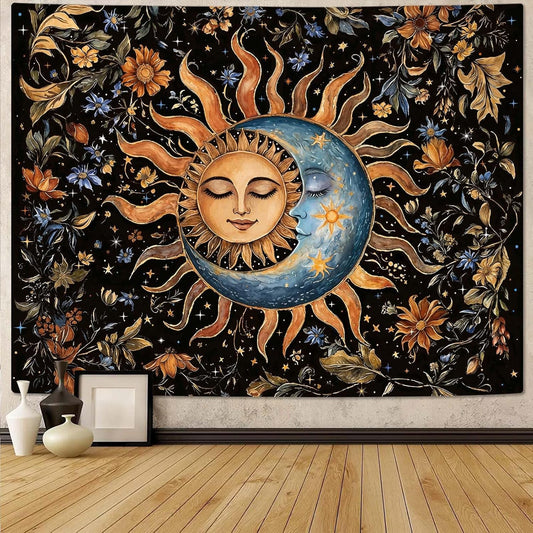 Aipon Sun and Moon Tapestry for Bedroom Boho Vintage Floral Hippie Wall Tapestry Aesthetic Retro Flower Plant Large Tapestries Wall Hanging for Living Room Dorm Decor 80 x 60 Inch