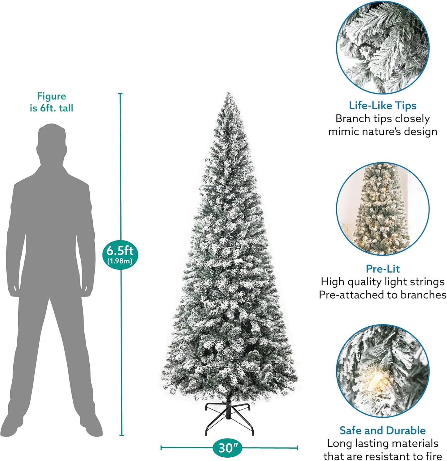 Naomi Home Salzburg 6.5ft Frosted Prelit Slim Artificial Christmas Tree with 864 Branch Tips, 250 Warm Lights and Metal Stand, 30" Wide Realistic Snow Flocked Skinny Pencil Christmas Tree