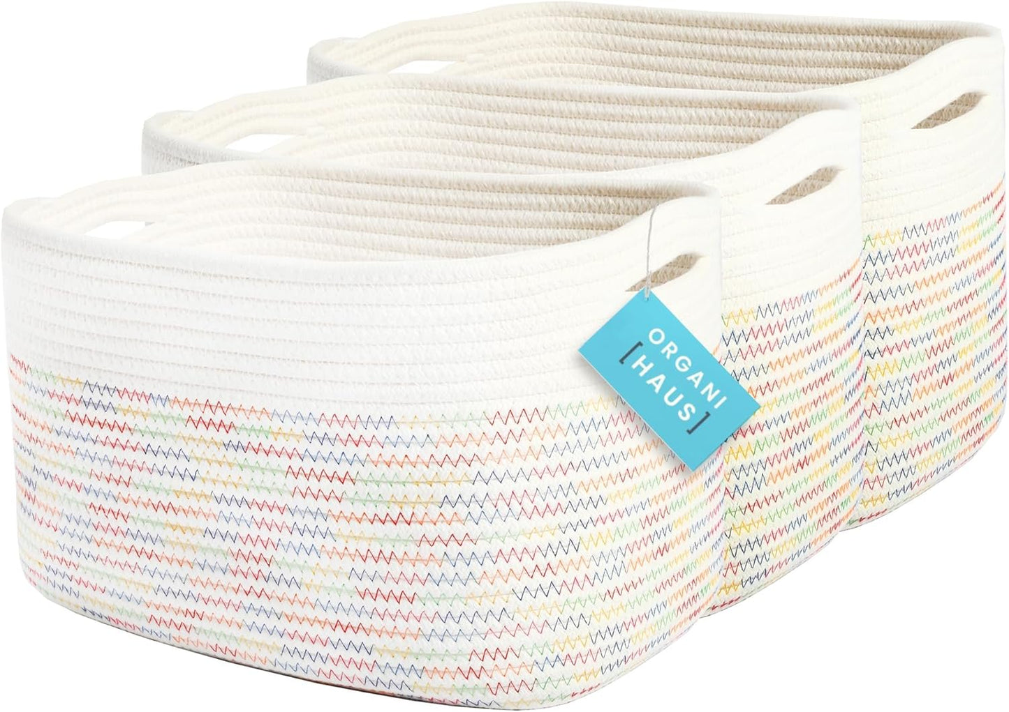 OrganiHaus Set of 3 Woven Storage Baskets for Organizing, Cotton Rope Organizer Bins for Shelves, Closet & Nursery, Dog Toy Basket, Decorative Bins for Toys, Towels & Books - 15x10x9, Rainbow Stitches