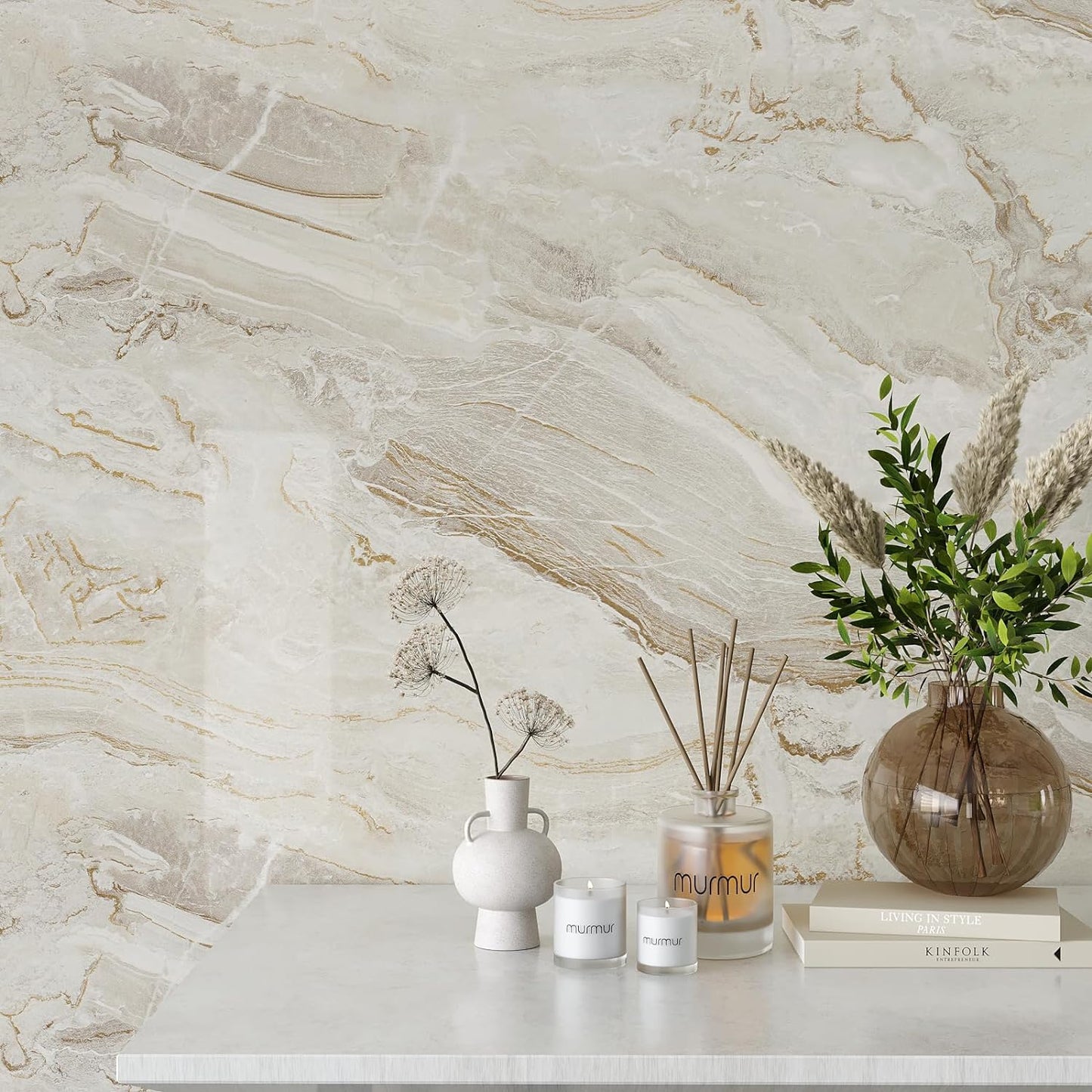 VEELIKE Glossy Beige Gold Marble Contact Paper for Countertops Waterproof Peel and Stick Countertop Contact Paper 24''x354'' Self Adhesive Vinyl Marble Wallpaper for Bathroom Kitchen Counter Top Cover
