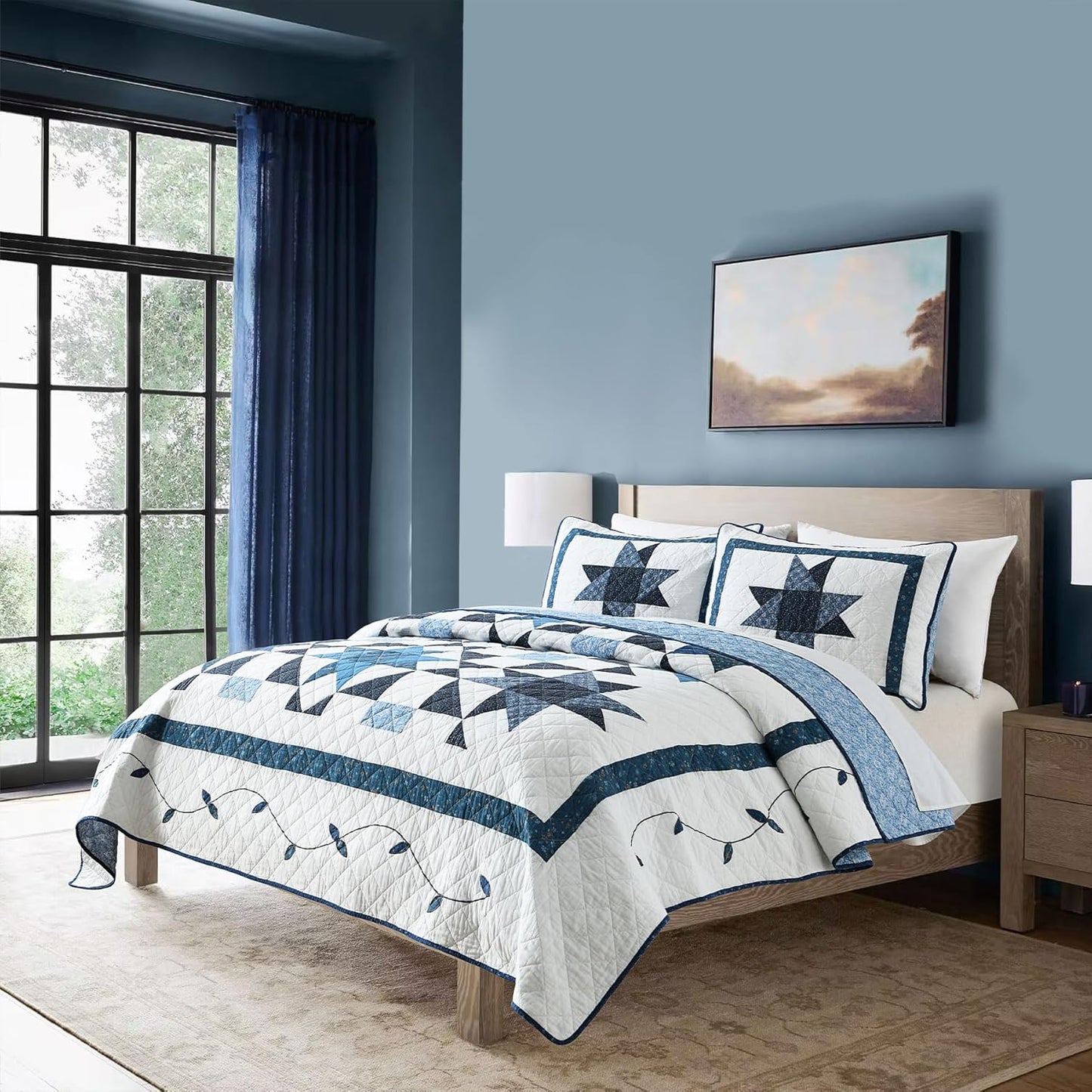 Secgo Handmade Quilted 100% Cotton Queen Comforter Set for Bed - 100% Cotton Quilts Queen Size, Black Bedspreads (90 * 96 Inch) with 2 Pillow Shams, Patchwork Reversible Lightweight Bedding