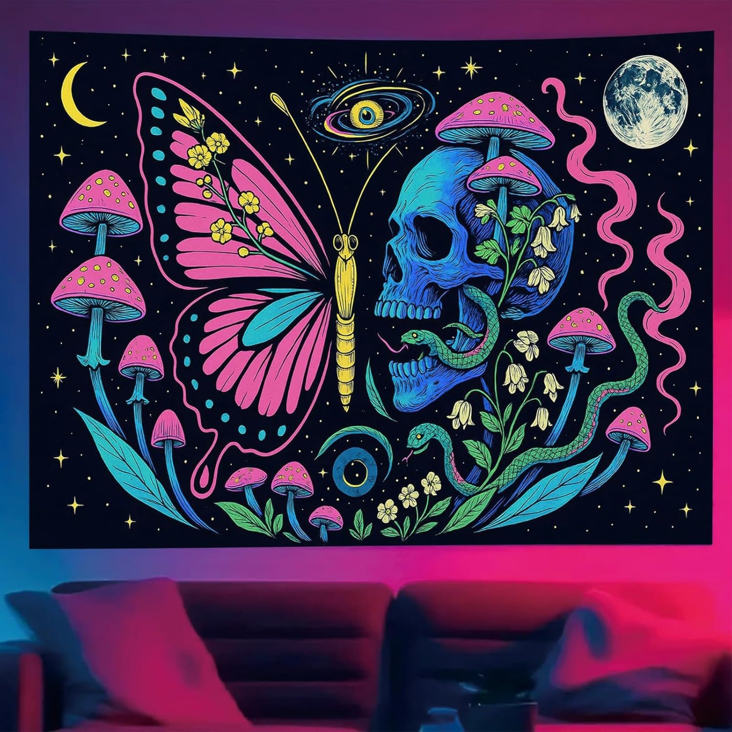 Starlit Patio Butterfly Skull Blacklight Tapestry UV Reactive Wall Hanging Mushrooms Snake and Cosmic Moon for Bedroom Dorm Living Room Glowing Psychedelic Decor Fluorescent Trippy Poster 78 x 59 Inch
