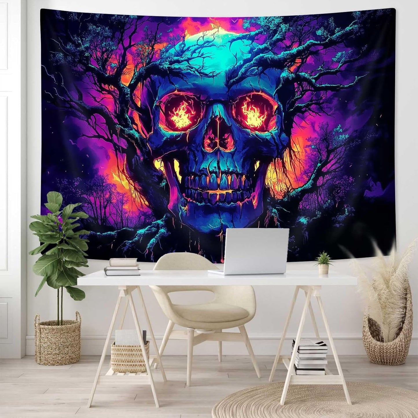 Xiaoput Blacklight Fire Skull Tapestry for Bedroom, Trippy UV Reactive Burning Skeleton Forest Wall Hanging Tapestries, Scary Dark Horror Glow in the Dark Tapestries for Living Room Home Dorm 40X30IN