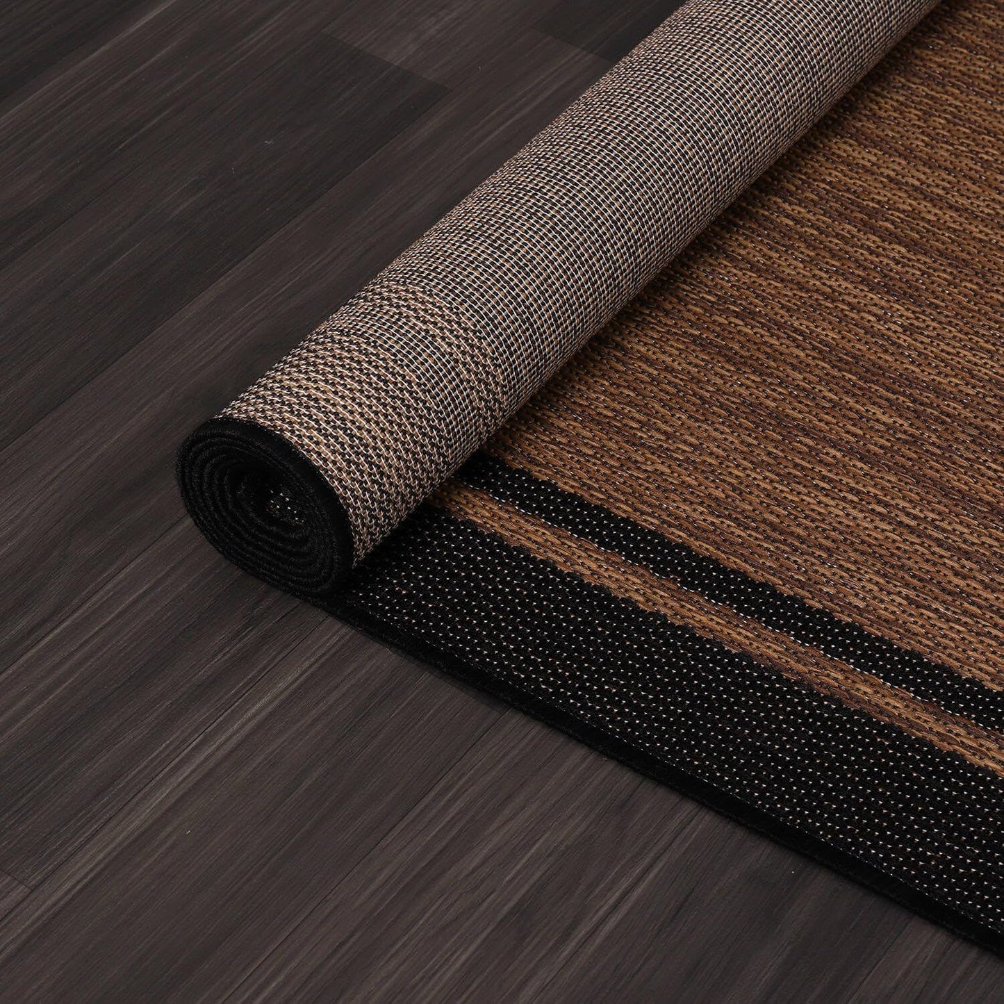 CAMILSON Indoor Outdoor Rug, 6x9 Bordered Nut Brown Black Modern Area Rugs for Indoor and Outdoor Patios, Kitchen and Hallway Mats, Washable Porch Deck Outside Carpet (Bordered Nut Brown Black, 6 x 9)