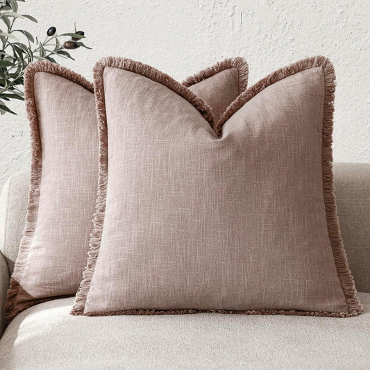 Foindtower Set of 2 Decorative Linen Fringe Throw Pillow Covers Boho Farmhouse Cushion Cover with Tassels Soft Accent Pillowcase for Couch Sofa Bed Living Room Home Decor,22×22 Inch,Dusty Pink