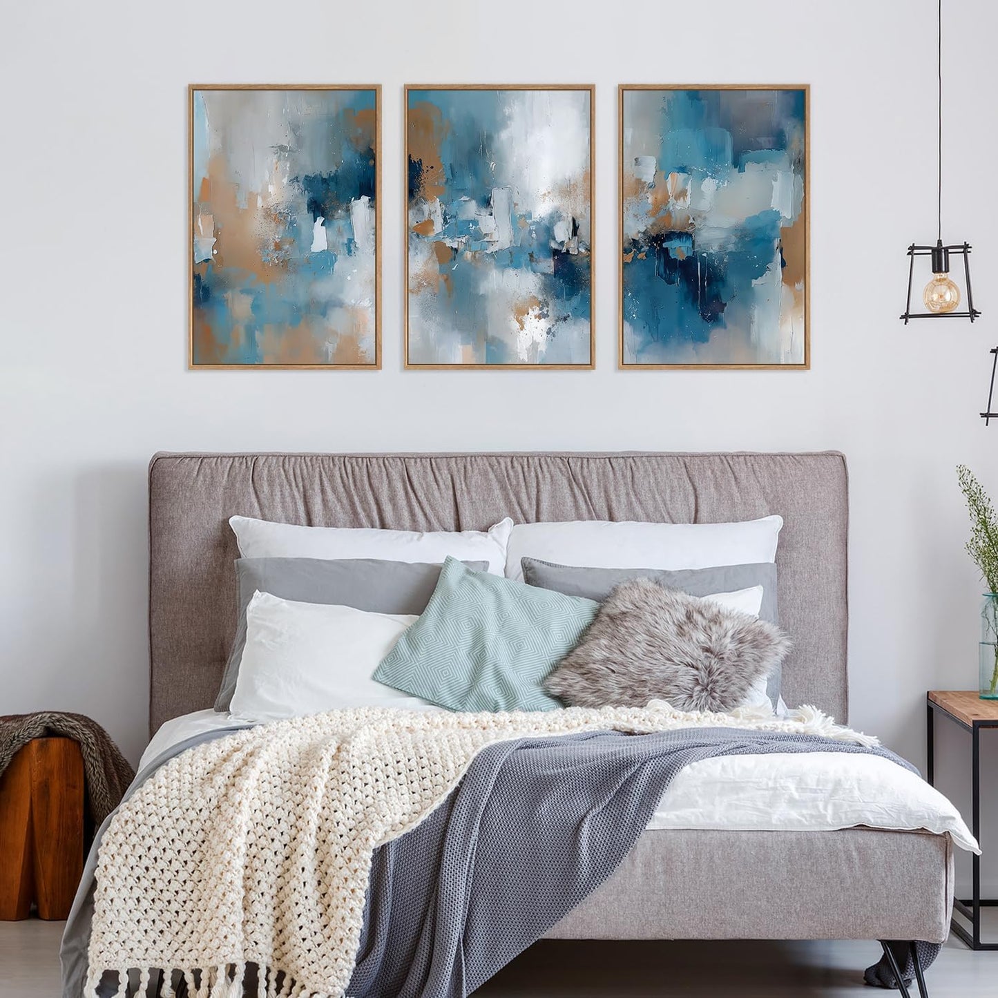 HLNIUC Large Blue Abstract Framed Canvas Wall Art,Blue and Brown Brush Strokes Wall Decor Set of 3(16”x24”)Neutral Modern Wall Painting,Watercolor Minimalist Abstract Art Print for Living Room,Bedroom