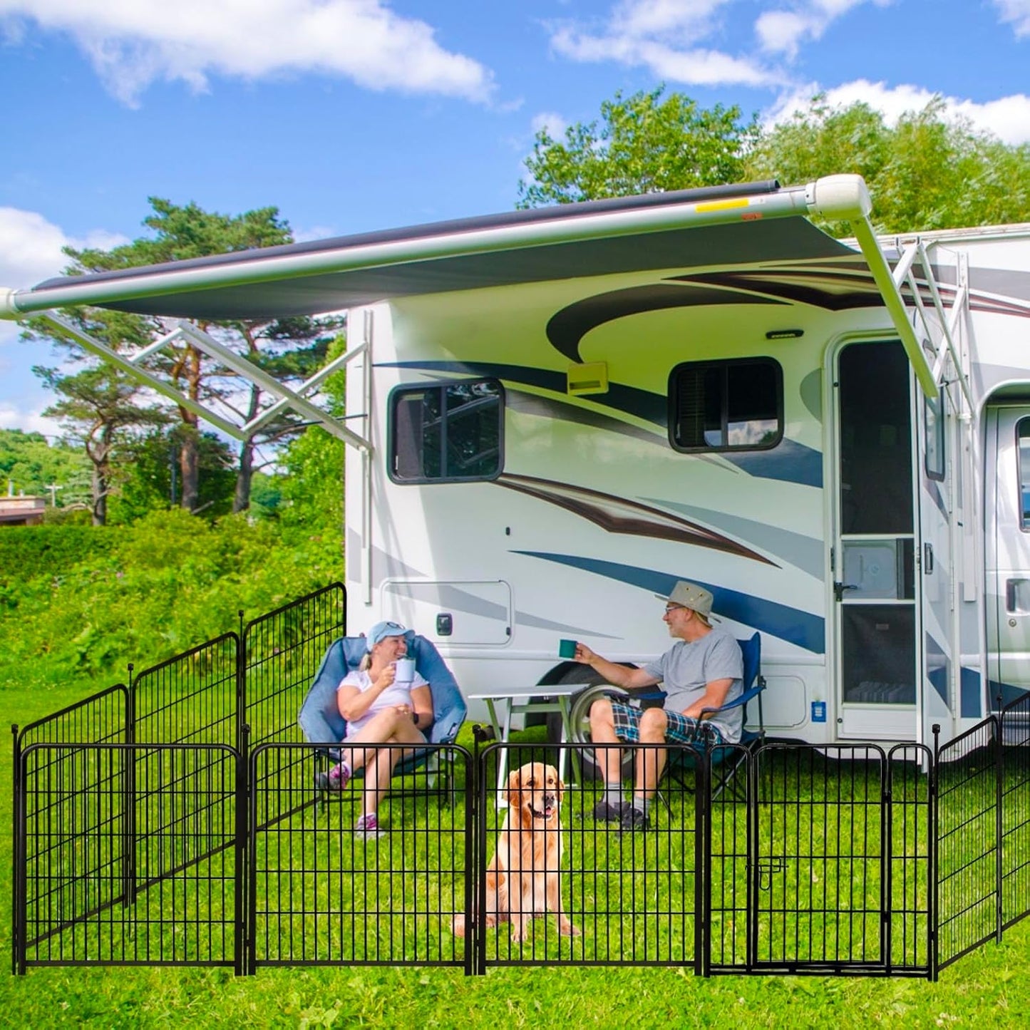 ADAVIN Tall Garden Fence Wide Door Low Threshold, 54 inch High 4 Panels Total 8.8 Ft(L), Black Heavy Duty Metal Outdoor Dog Fence for Yard or Camping, Garden Fencing Animal Barrier