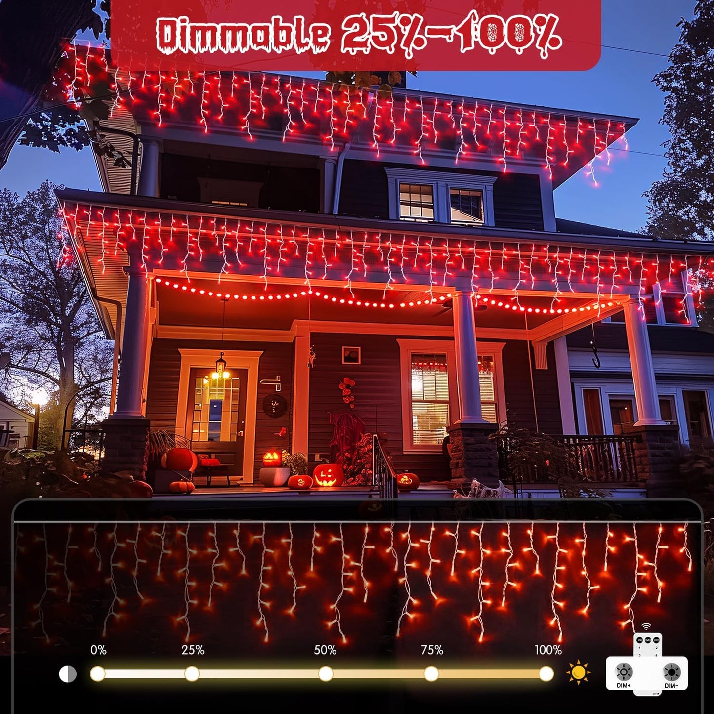 JMEXSUSS 400 LED Red Icicle Lights for Halloween Decor, Connectable Red Halloween Lights Indoor Outdoor with Remote, Christmas Light for Room Fireplace Christmas Decorations