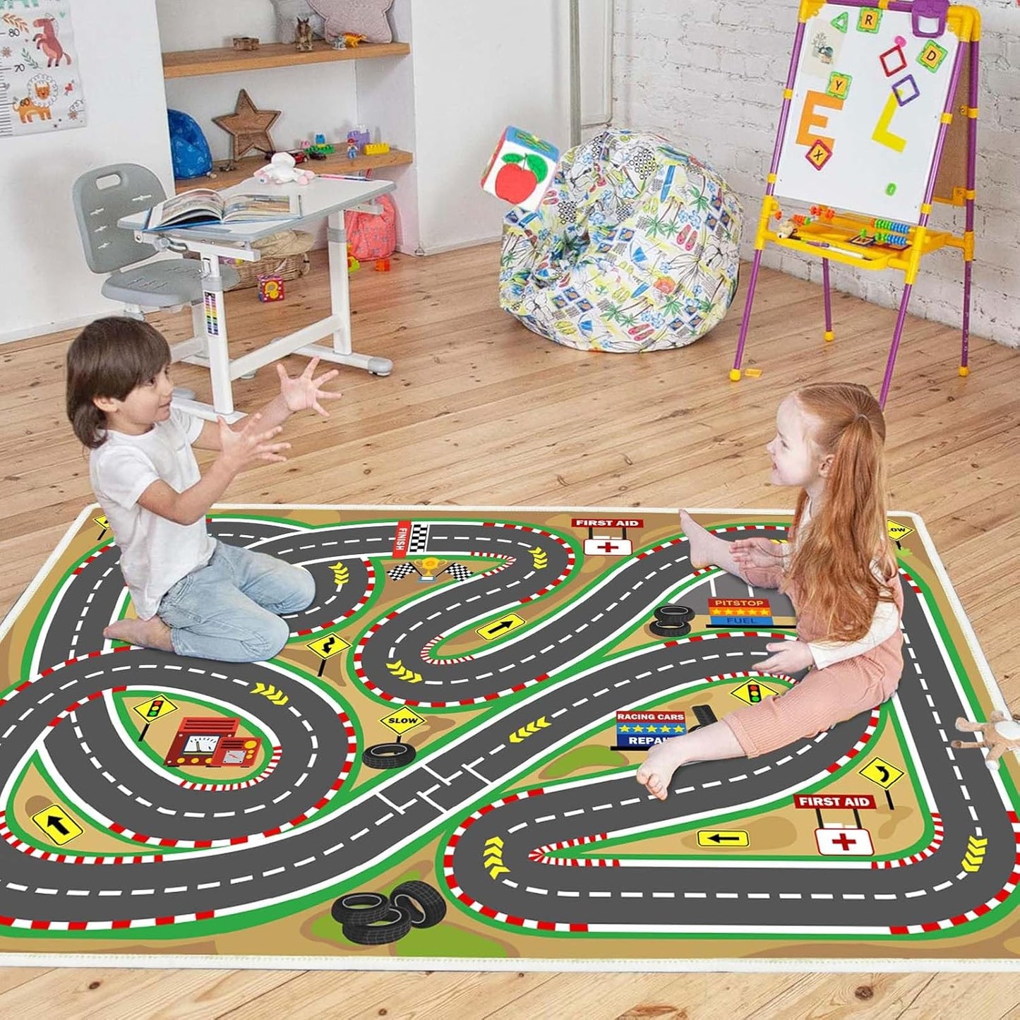 Kids Rug Play mat Playroom Rugs Car Rugs for Kids Toy Cars Race Track for Classroom Rug (Race-Brown, 3.3x4.9ft)