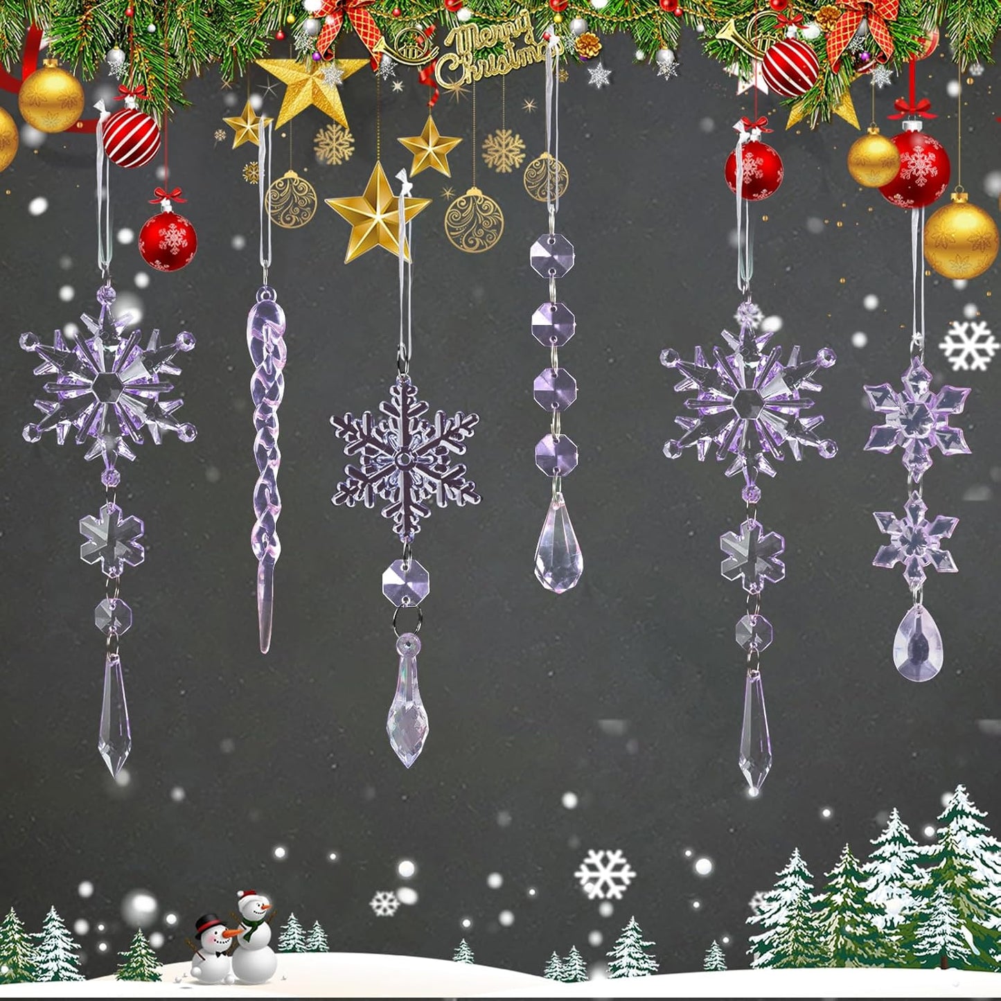 18pcs Crystal Christmas Ornaments for Christmas Tree Decorations-Purple Hanging Acrylic Snowflake and Icicle Ornaments with Drop Pendants for New Year Party Decorations Supplies