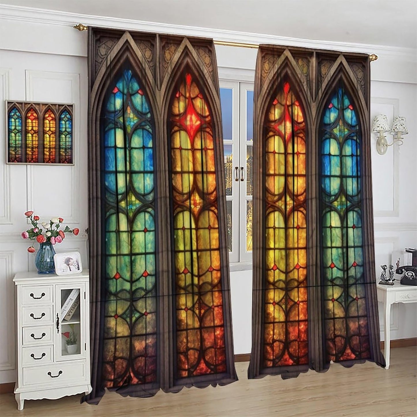Stained Glass Curtains,Mid Century Vintage Style Abstract Art Home Decor Drapes for Bedroom Living Room Kitchen Window Treatment 2 Panels Set Total Size 52" W X 84" L Inch