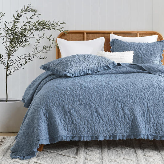 HORIMOTE HOME Blue Ruffled Quilt Queen Size, Stone-Washed Microfiber Lightweight Crinkled Farmhouse Rustic Shabby Chic Bedding Set, 3 Pieces Reversible Bedspread with Pillow Shams for All Season
