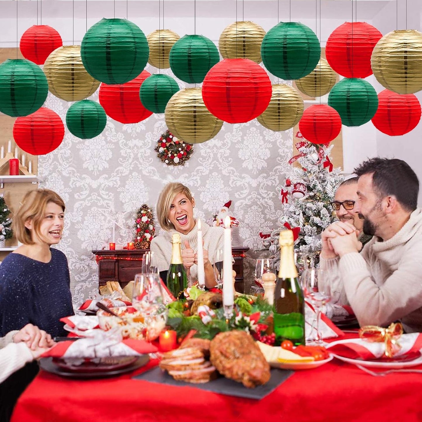 ADLKGG Paper Lanterns Decorative, Round Hanging Lantern for Italian Party Mexico Party Graduation Christmas Anniversary Birthday Decorations Green/Red/Gold 21pcs