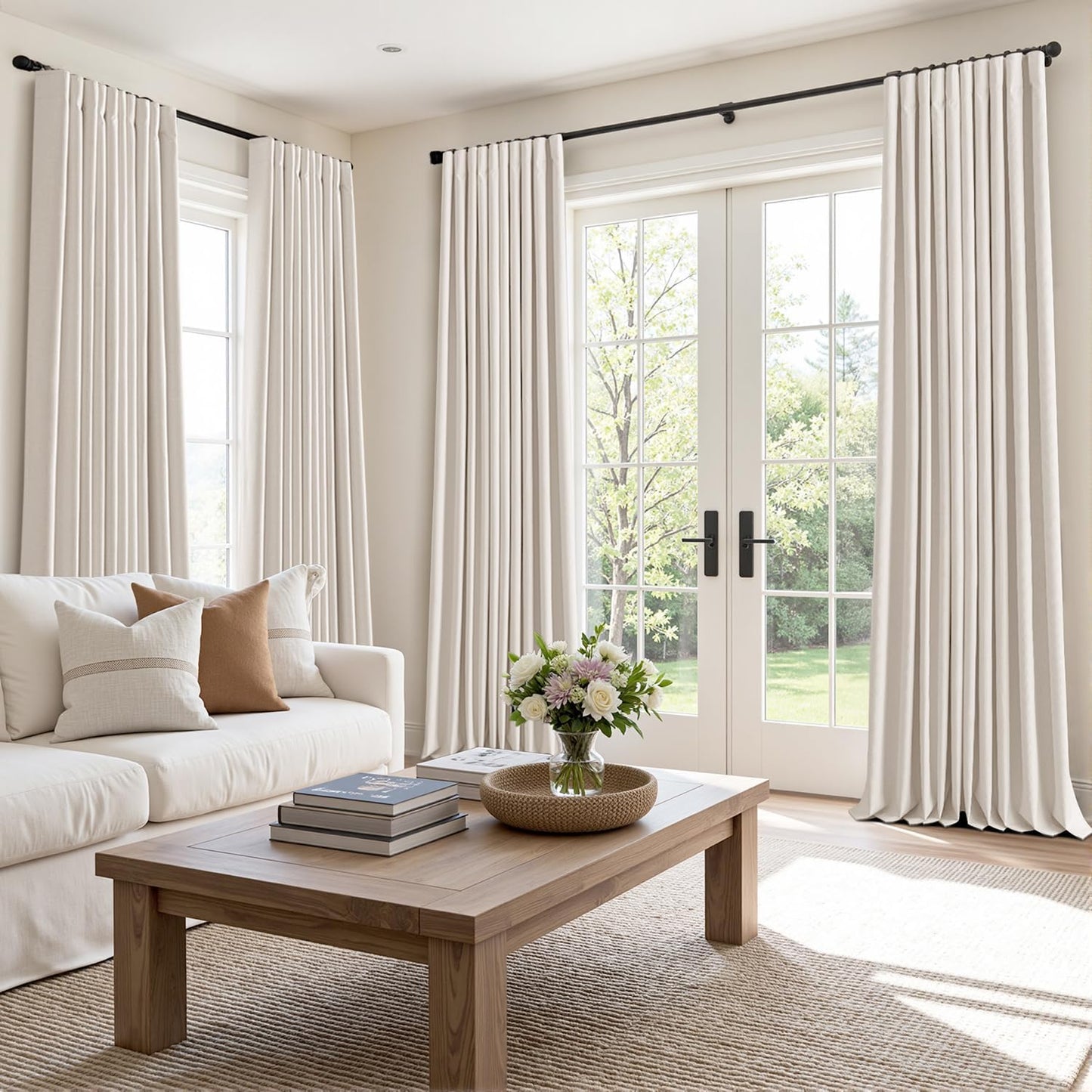 MIULEE 100% Blackout Curtains 96 Inch Long 2 Panels for Bedroom, Thick Faux Linen Black Out Curtain Room Darkening Back Tab Pleat Floor to Ceiling Window Drapes with Hooks for Living Room, Ivory