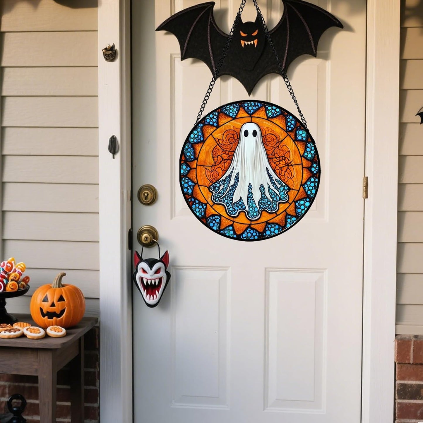 Stained Glass Window Hanging - Halloween Decorations White Ghost Suncatcher for Doors Garden Indoor Spooky Funny Blue Sun Catchers Gothic Decor Horror Gifts for Women Men Friend 9.8 in