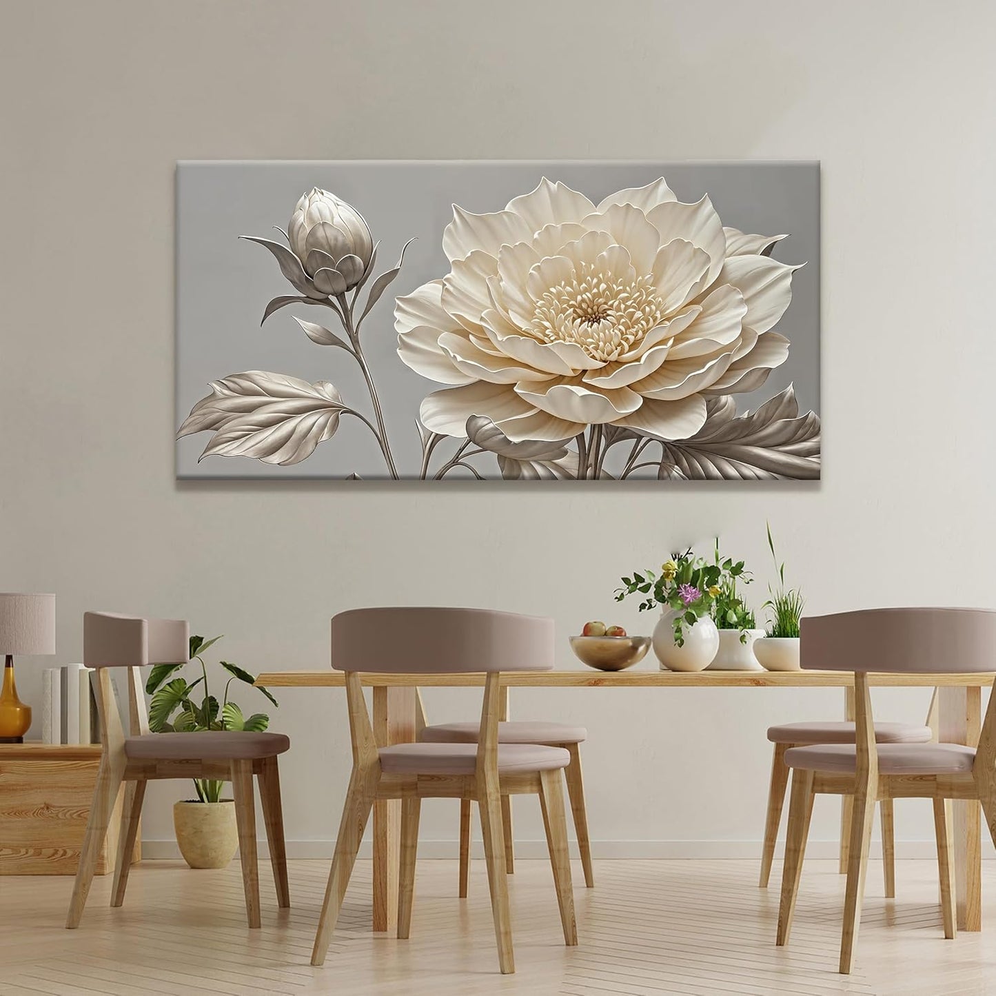 QSQ White Wall Art For Living Room Silver White Flower Wall Art Print Modern Canvas Art Wall Decor Home Decor Suitable Pictures For Bedroom Apartment Office Can Be Hung 24" X 48"