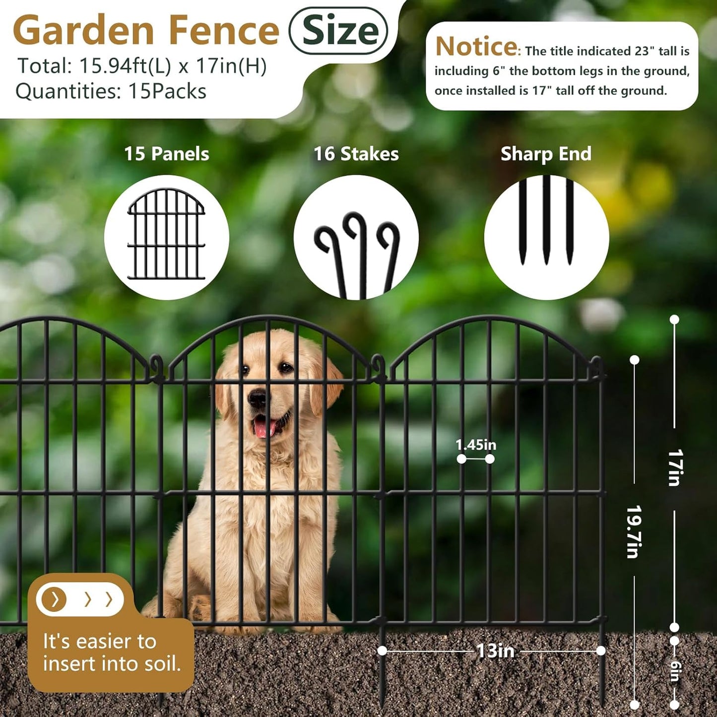 15 Panels Decorative Garden Fence, 15.94ft x 23in Animal Barrier Fencing Arched Rustproof Metal Border Ground Stake for Rabbit Dog, Outdoor Decor for Yard & Patio