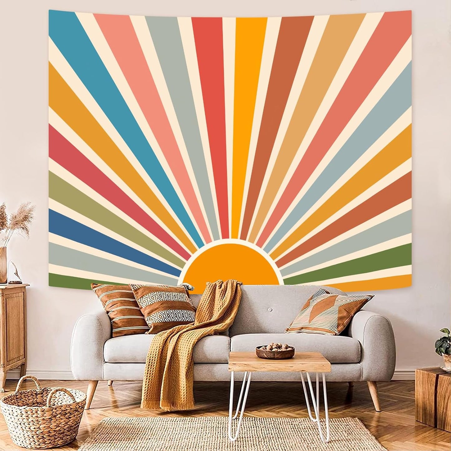 Kanuyee Boho Burning Sun Tapestry Wall Hanging, Retro 70s Abstract Vintage Geometric Rainbow Sunrise Tapestries for Bedroom Living Room Backdrop 60×80 inch