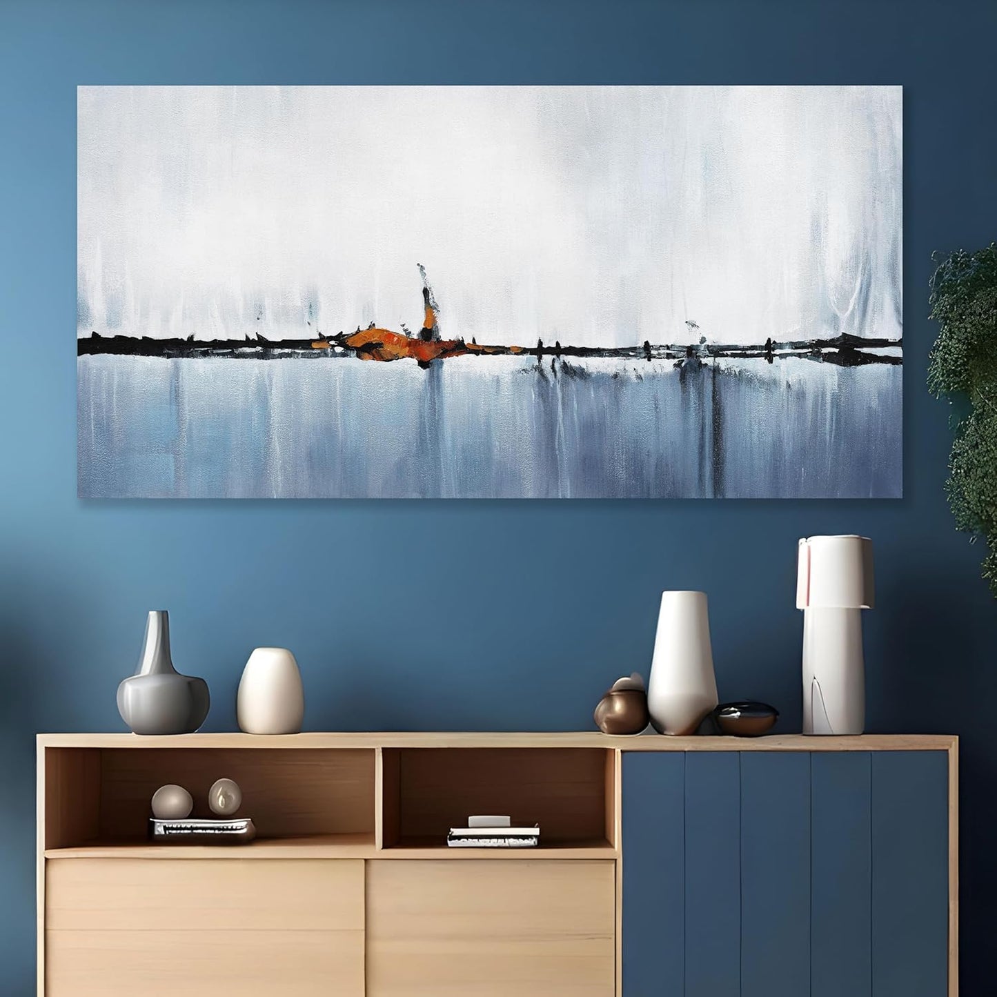 Abstract Wall Decor Modern Abstract Wall Art Blue and White Pictures Canvas Art Wall Decor Framed Artwork for Living Room Bedroom Dining Room Home Office Decor 24"x48"