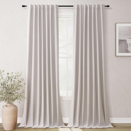 BOODII 108 Inch Black Out Curtains 2 Panels Set Back Tab Thermal Insulated Natural Linen Textured Blackout Curtains Noise Reducing Champagne Neutral Living Room Darkening Window Drapes Pleated 52x108
