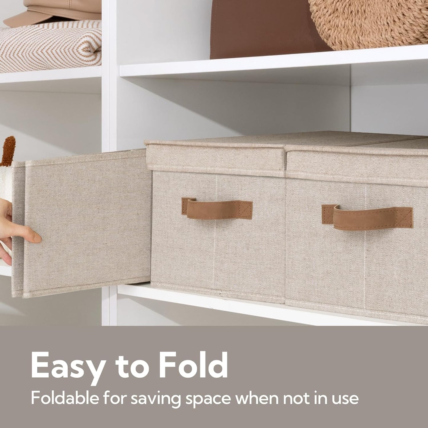 StorageWorks Large Storage Bins with Lids, Decorative Storage Boxes with Lid and PU Handles, Foldable Storage Baskets for Closet, Shelves, Stackable, Brown and Beige, 3-Pack