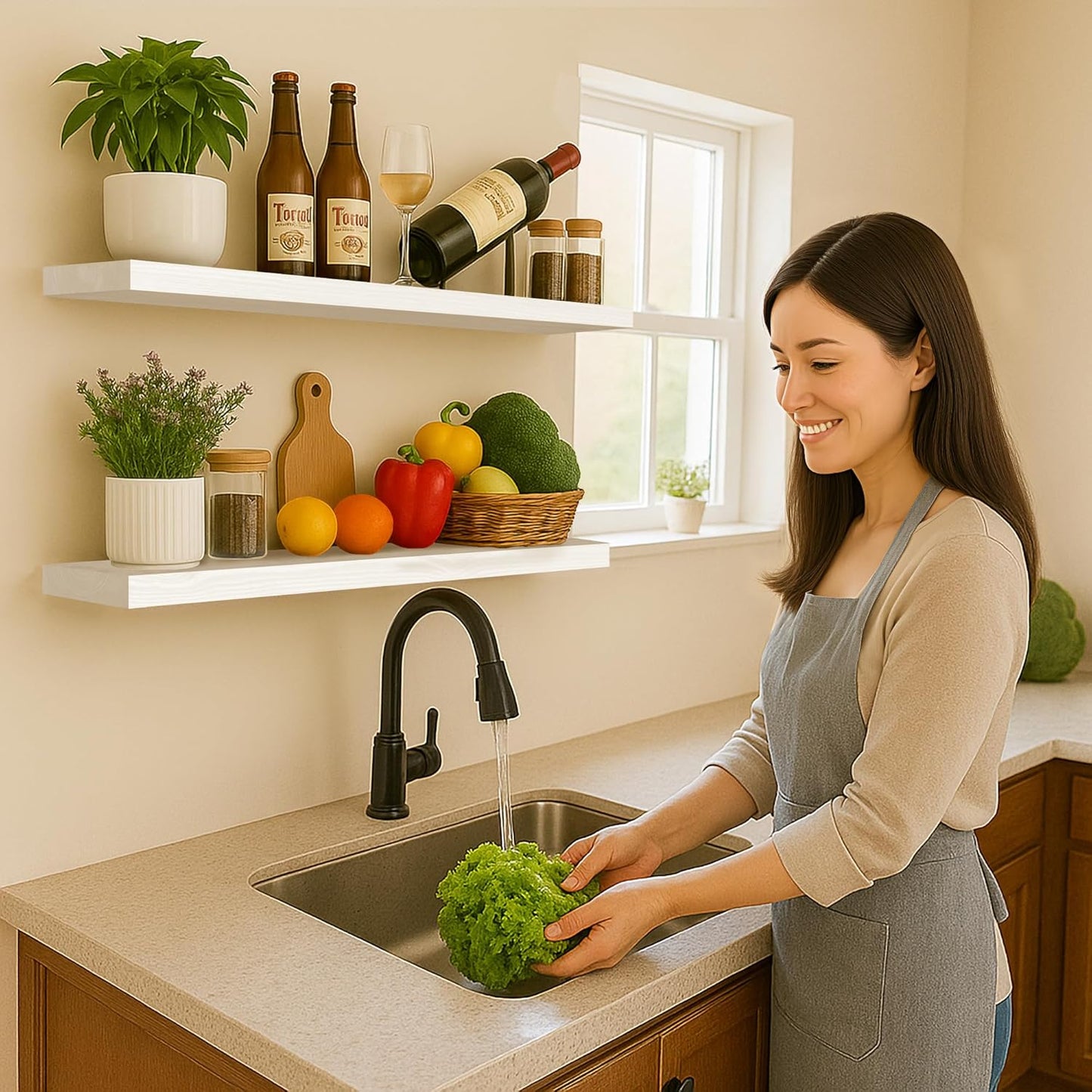 BGMG Wood Floating Shelves 36 inch Long, Wide Rustic Wooden Wall Shelves for Bathroom Living Room Bedroom Kitchen Farmhouse Set of 2-36x6.7x1.25 inch-White