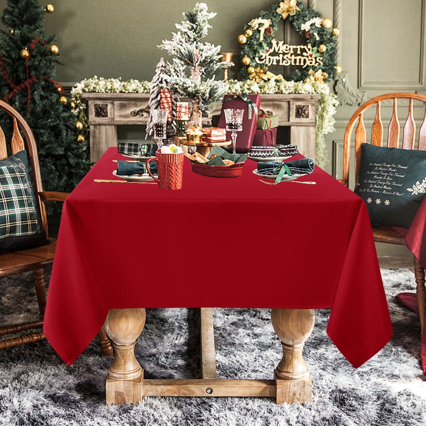 sancua Square Tablecloth - 70 x 70 Inch - Water Resistant Spill Proof Washable Polyester Table Cloth, Decorative Fabric Table Cover for Dining Tables, Buffet Parties, Christmas Red