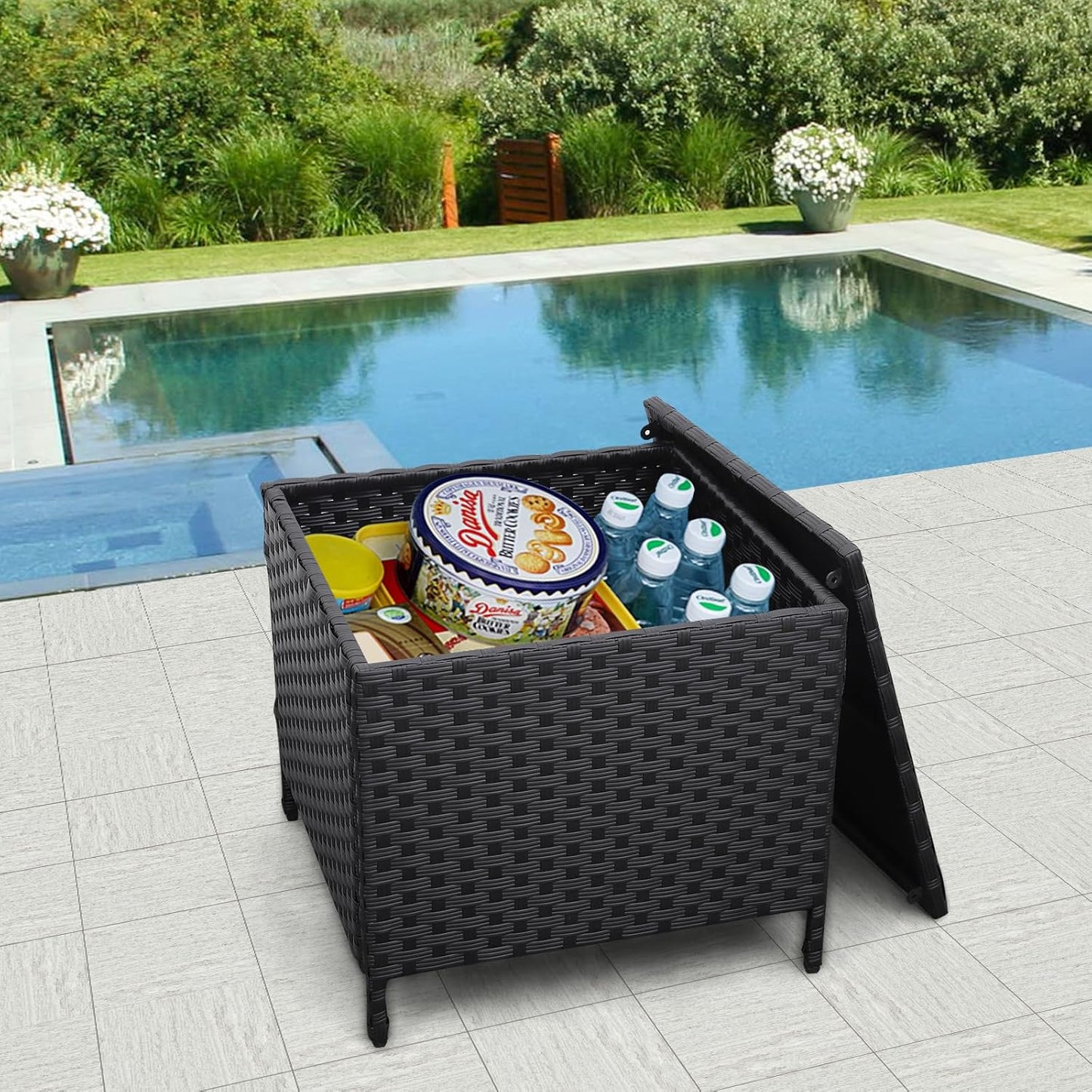 Outdoor Wicker Storage Side Table, Patio Black PE Rattan End Table with Storage, Square Container for Furniture Covers, Toys, and Gardening Tools