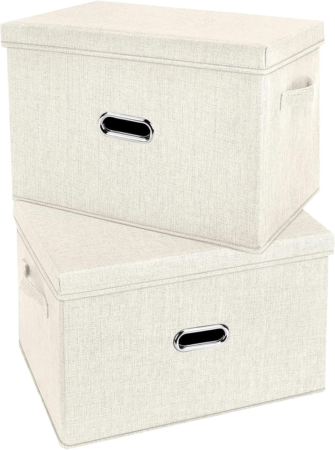 Large Linen Fabric Foldable Storage Bins with Removable Lid and Handles, Washable Storage Box Organizer Containers Baskets Cube with Cover for Bedroom,Office(Cream, XXL(2-Pack))