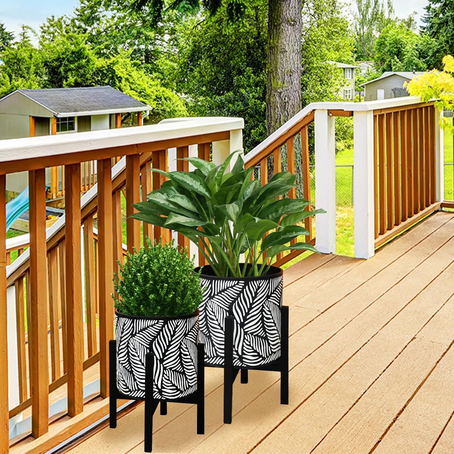 10 & 12 Inches Plant Pot with Stand Set of 2, Decorative Palm Leaves Printing Planter with Holder, Garden Pot for Snake Plant, Monstera, Houseplants - Indoor Outdoor Flower Pots with Drainage Holes