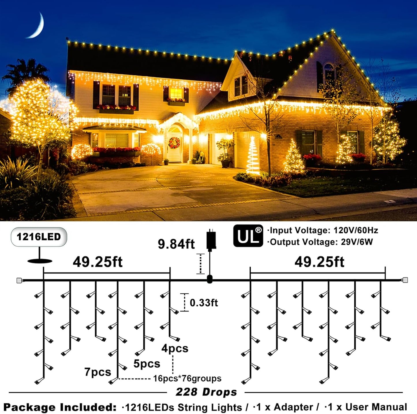 Warm White Christmas Lights Outdoor - 99ft 1216 LED 8 Modes Hanging Dripping Icicle String Lights with 228 Drops, Plug in Waterproof Timer Memory for House Home Holiday Yard Wedding Party Indoor