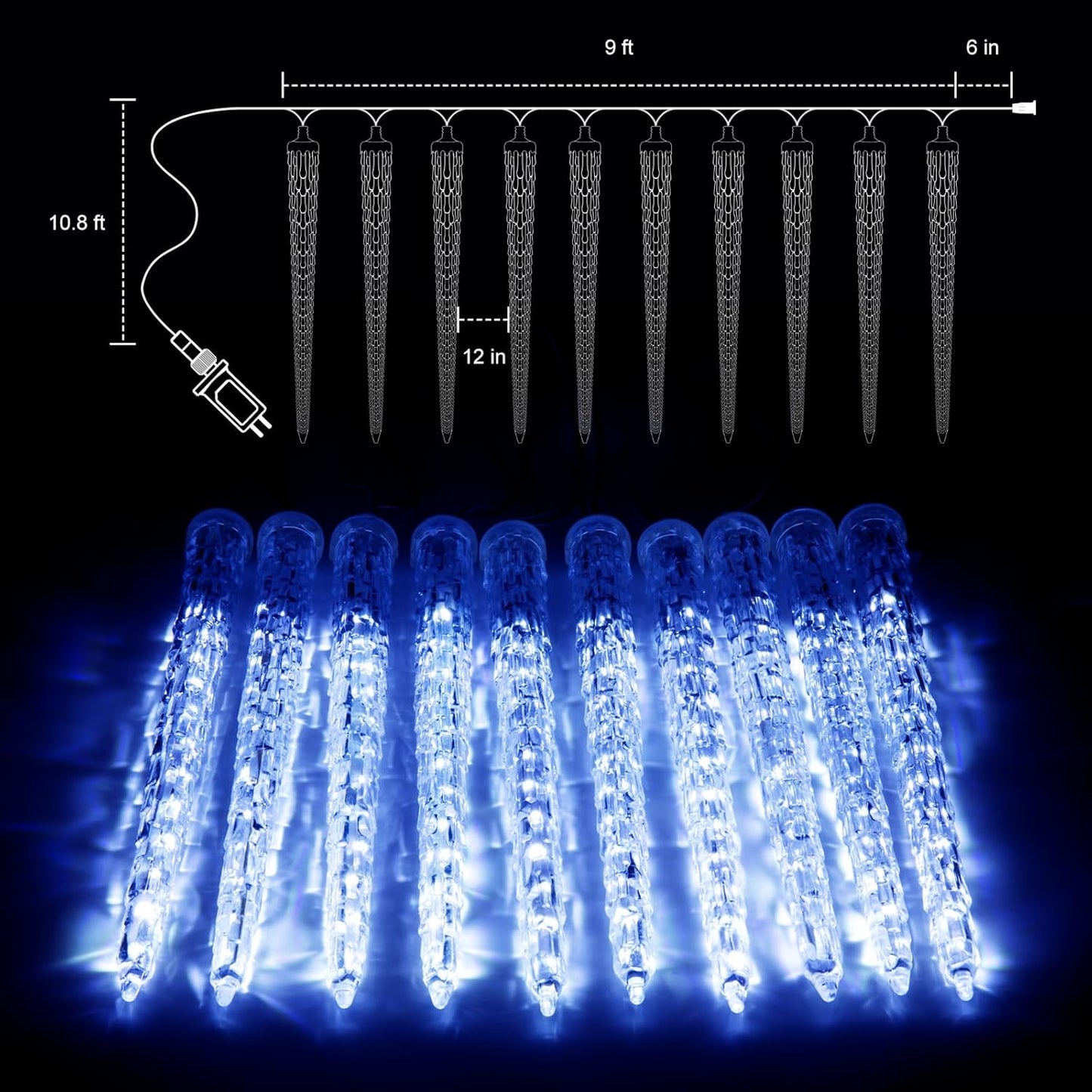 Christmas Icicle Lights Outdoor, 10Ft. Meteor Shower Lights with 10 Large Icecycles, Snowfall Shooting Star Light Effect, Falling Crystal Christmas Decorations for House Eave Roofline Patio, Blue