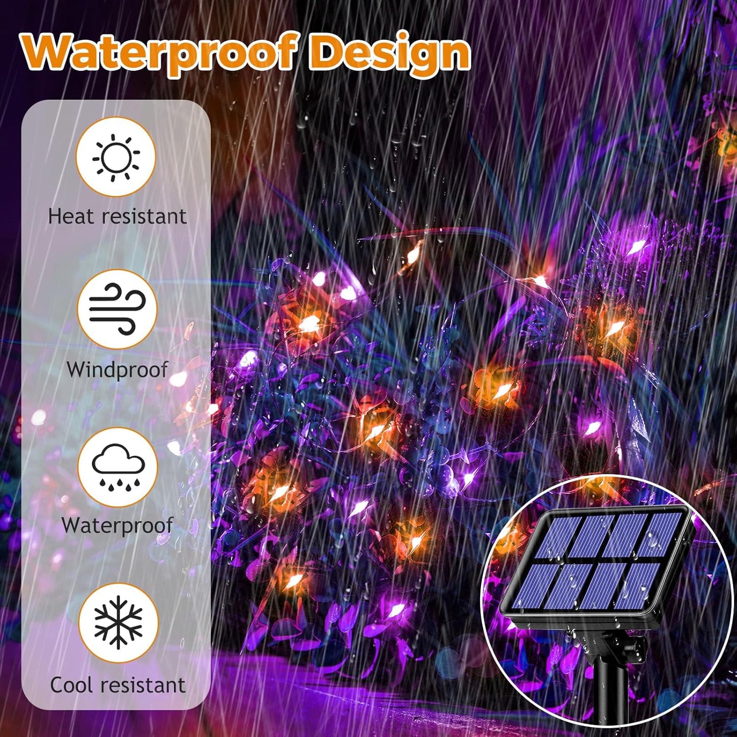 btfarm 4 Pack Solar Halloween String Lights Outdoor, 320LED 132FT Orange Purple Solar Fairy Lights Outside Waterproof, 8 Modes Solar Powered Twinkle Lights for Tree Garden Patio Halloween Decorations
