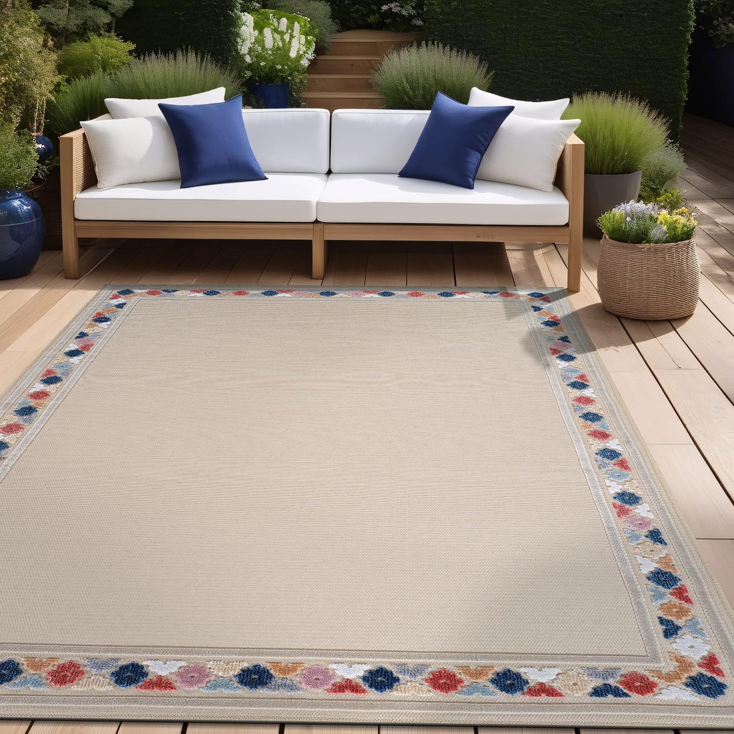 Beverly Rug Outdoor Rug 5x7 Modern Bordered Area Rugs for Indoor and Outdoor Patio Easy to Clean Non Shedding Living Room Porch Garden Washable Outside Carpet (5 x 7 Beige)
