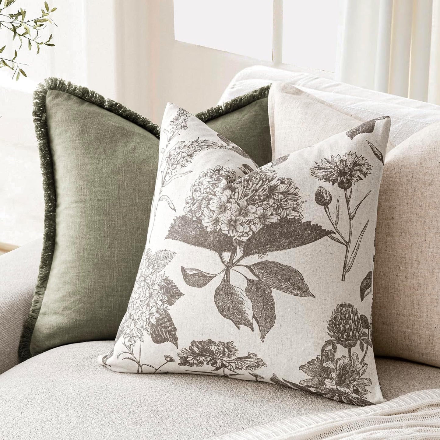 Foindtower Set of 2 Linen Floral Throw Pillow Covers Vintage Accent Print Decorative Cushion Covers Farmhouse Boho Home Decor for Sofa Chair Couch Bedroom Living Room Outdoor,24×24 Inch,Light Gray