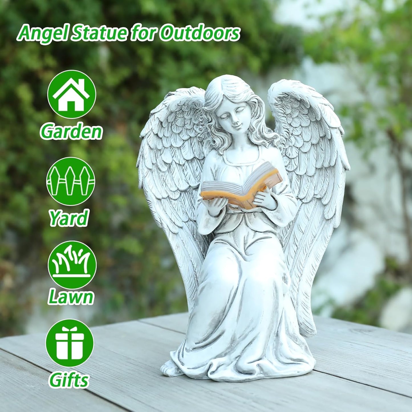 Angel Statue Outdoor Decor, Elegant Angel Garden Statues Reading Book with Solar LED Lights Yard Decorations Lawn Ornaments Figurines Resin Sculpture for Outside, Angel Gardening Gifts