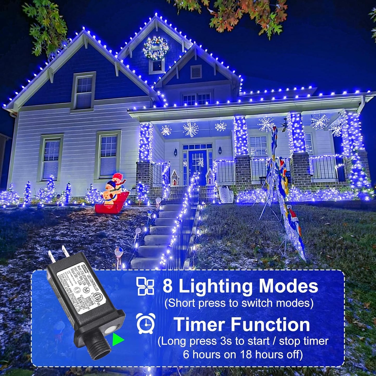 2 Pack Christmas Lights Outdoor, Total 200FT 600LED Christmas Tree Lights with 8 Modes Waterproof, Green Wire String Twinkle Lights for Indoor Home Garden Xmas Party Holiday Decorations, Blue