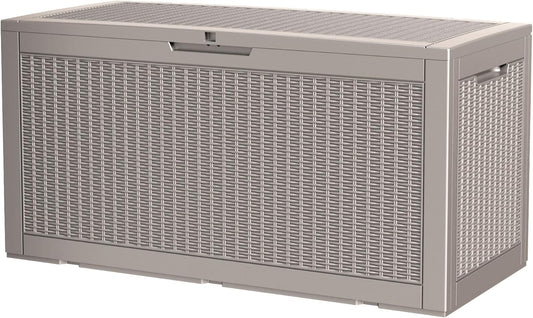 100 Gallon Storage Box, Waterproof Resin Deck Box with Hydraulic Piston Design, Lockable Storage Bench for Package Delivery, Storage Bin for Patio Cushions, Garden Tools, Grey