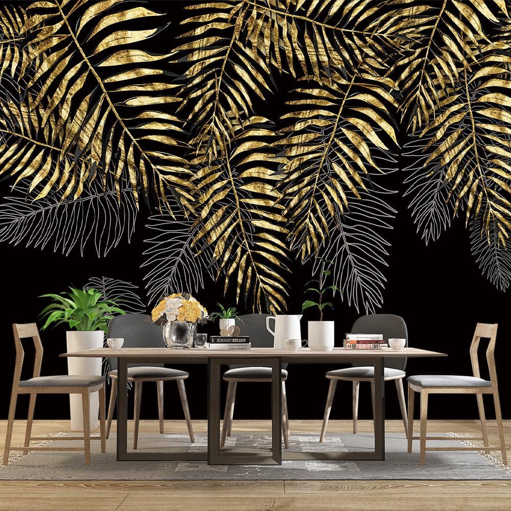 Black and Gold Leaf Mural Bedroom Tropical Botanical Wallpaper Room Plant Decor Living Room tv Background Large Wall Mural - 137"x96" (Not Peel and Stick)