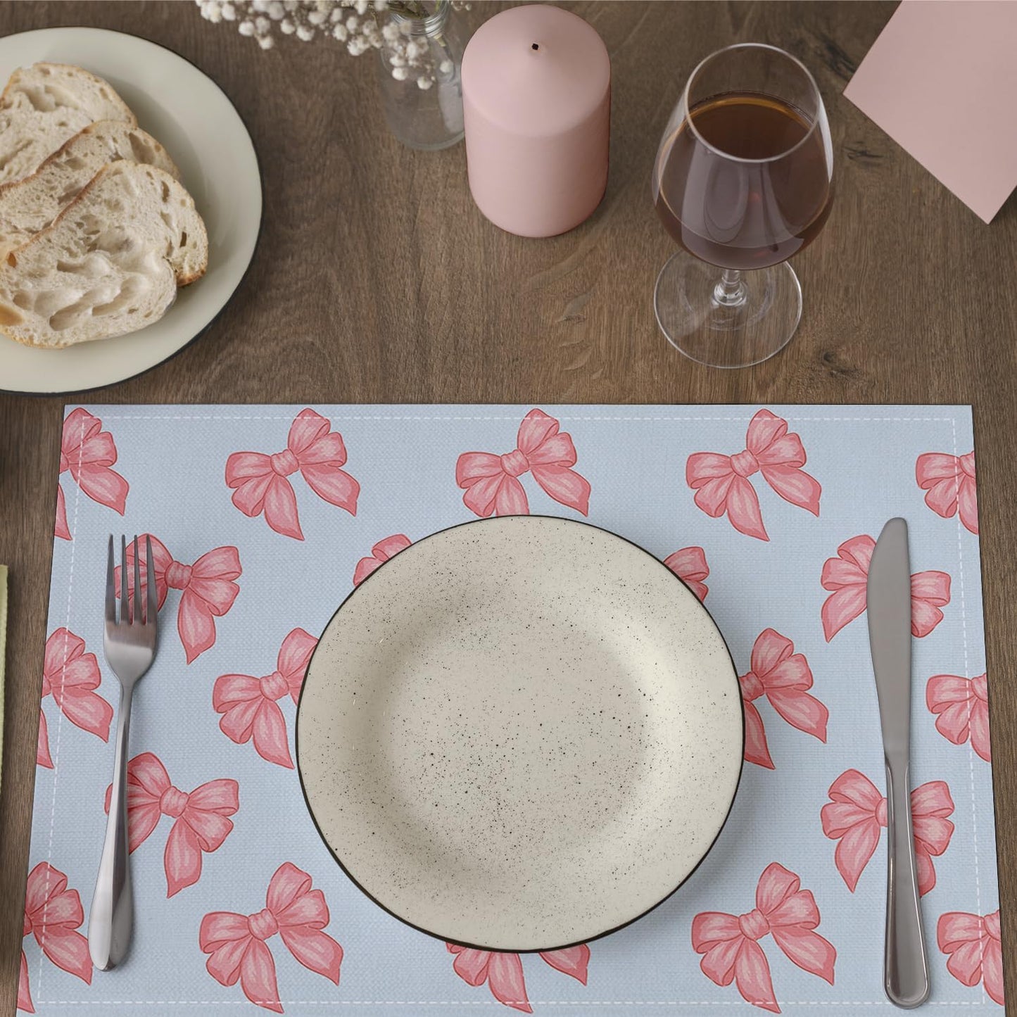 Pink Bow Placemats Set of 4, Blue Table Mat for Home Kitchen, Restaurants, Outdoor Linen Washable Place Mats 12x18 inch Party Event Dining Decoration-04